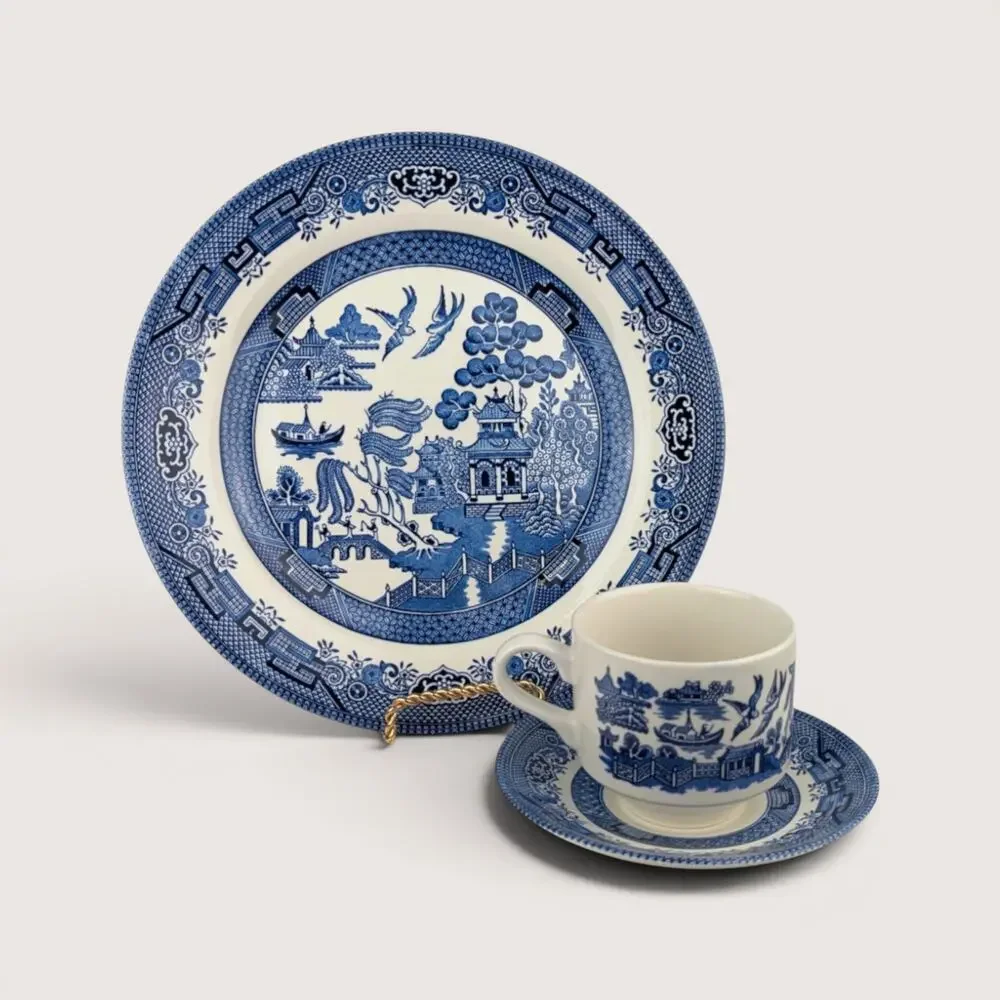 Vintage Churchill Classic Blue Willow 3 Piece Tableware Set